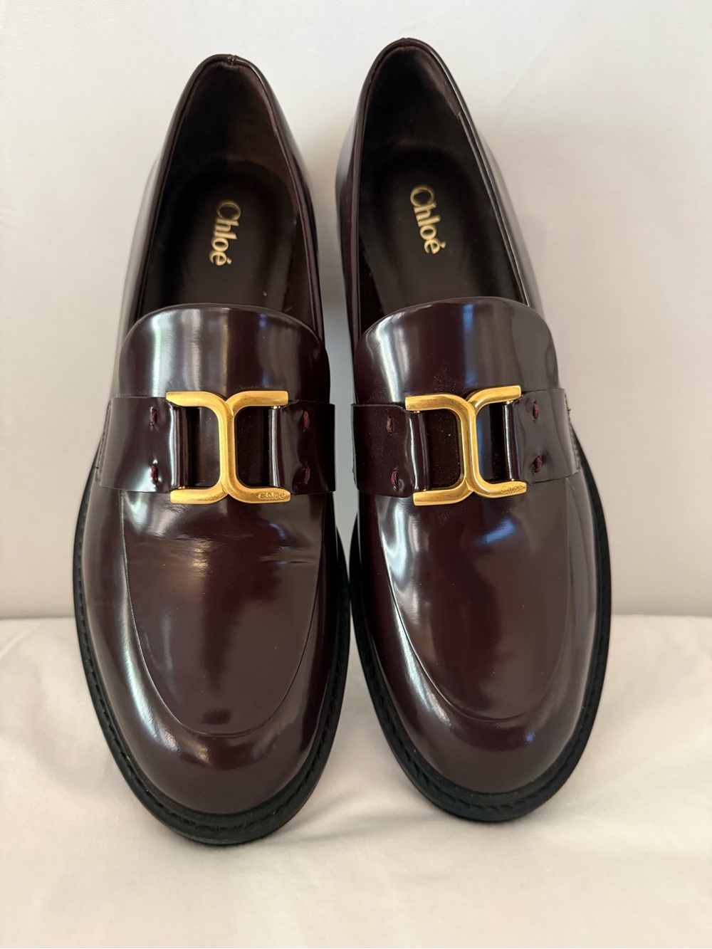 Chloe women's Burgundy Leather Loafers with Gold Buckle